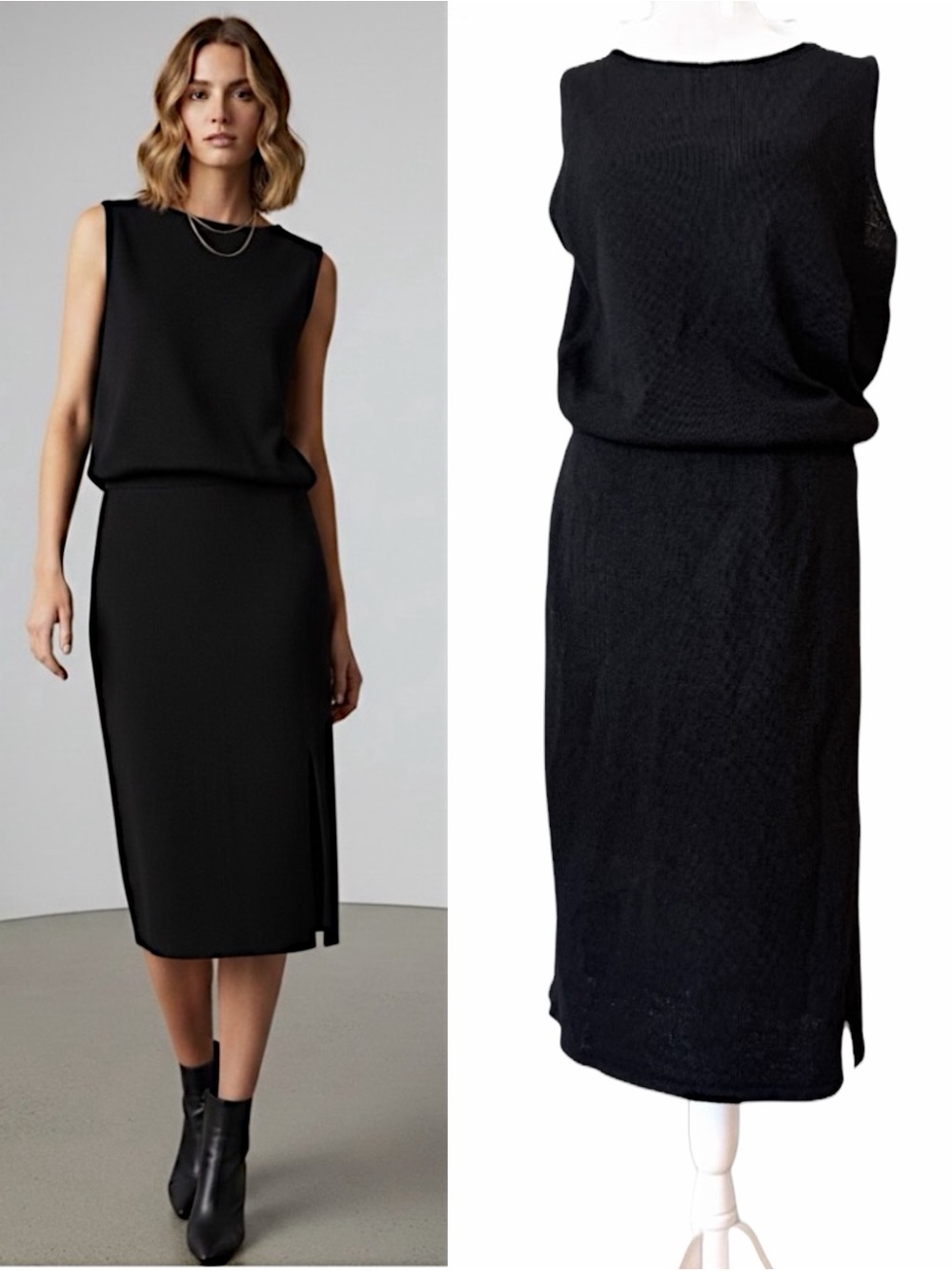 Vintage 90s Doncaster Black Wool Knit 2 Piece Midi Skirt Set Large Quiet Luxury
